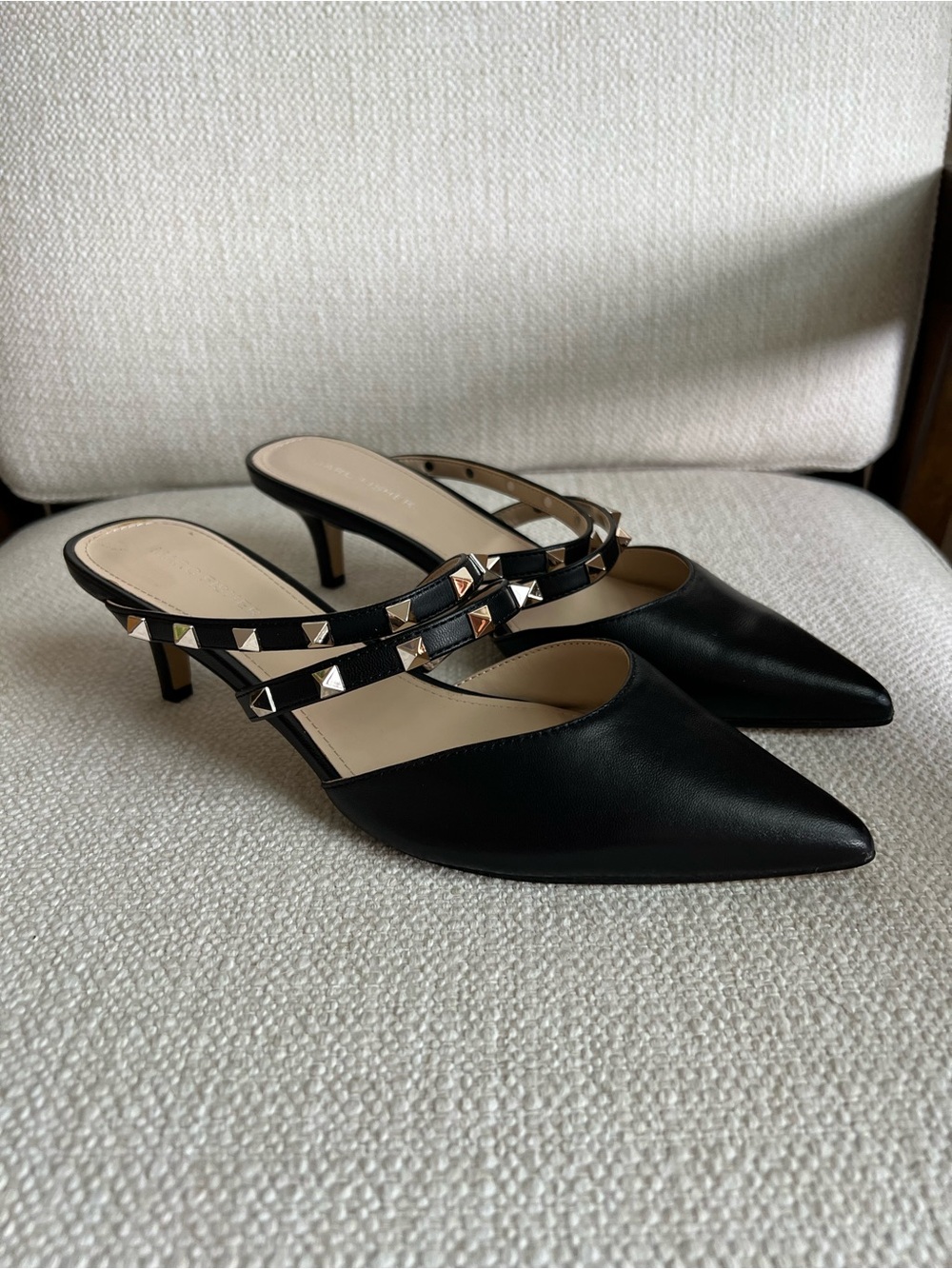 Marc Fisher Black Pointed-Toe Studded Double-Strap Mules